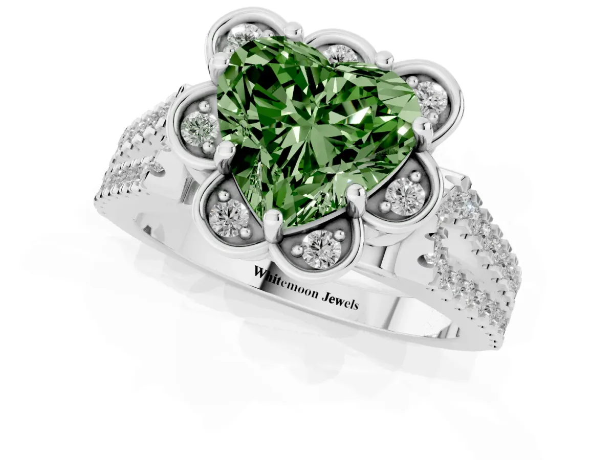 Fancy Green Heart Cut Halo Diamond Floral Split Shank Engagement Ring Silver