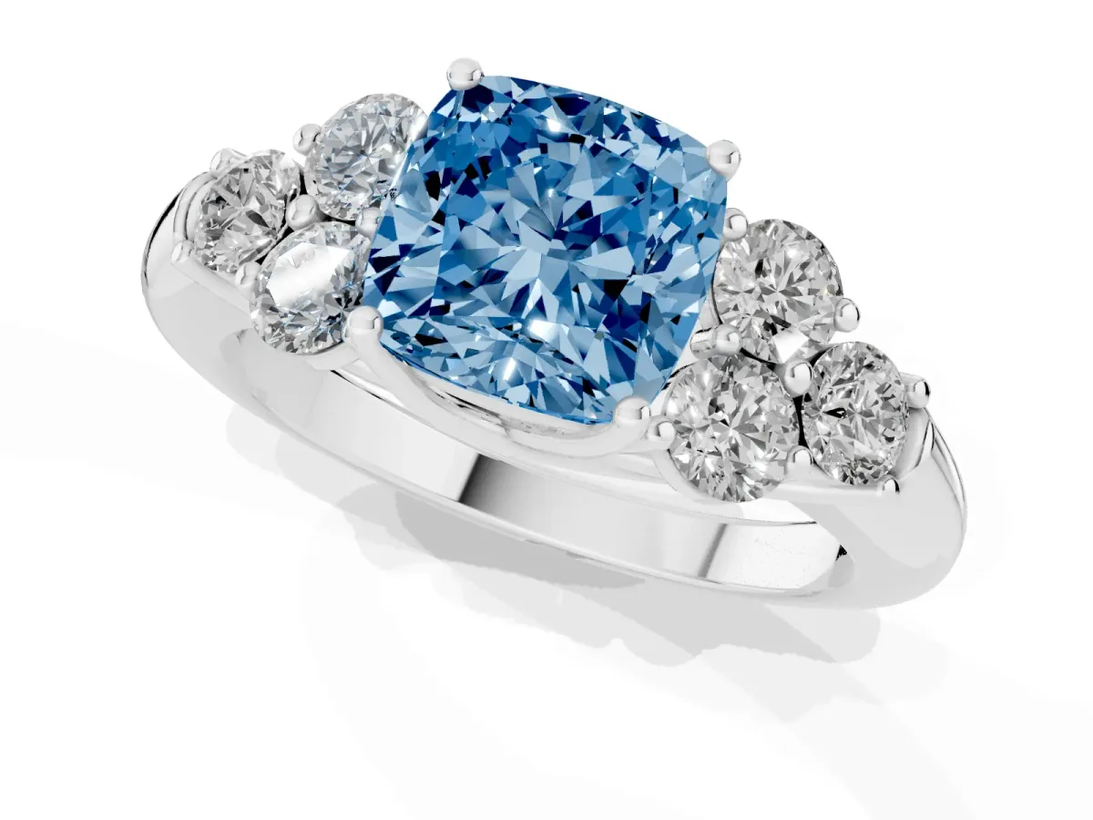 Fancy Blue Cushion Cut Cut Diamond Cluster Ring with Round Accent Stones and Prong Setting on a Classic Band White gold
