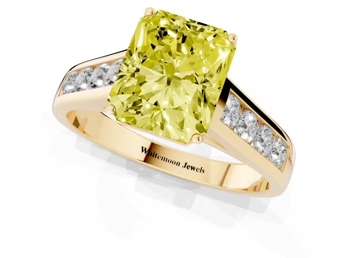 Fancy Yellow Radiant Cut Solitaire Channel-Set Diamond Engagement Ring with Four-Prong Setting Yellow gold
