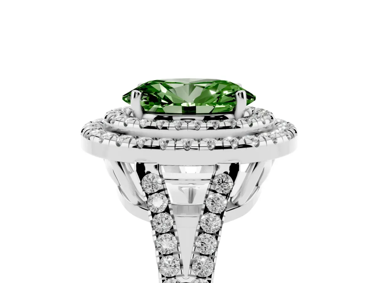 Fancy Green Oval Cut Diamond Double Halo Ring with Pavé Band and Prong Setting Silver