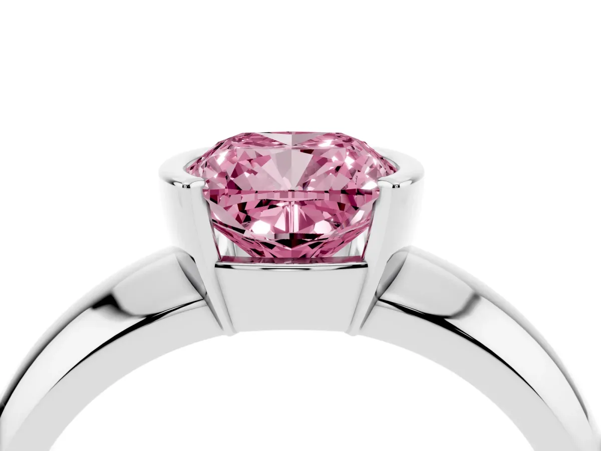Fancy Pink Cushion Cut Solitaire Tension Set Diamond Ring with Wide Band Platinum