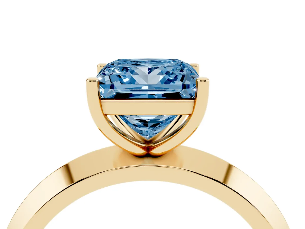 Fancy Blue Princess Cut Cut Solitaire Engagement Ring with Flat Band and Four-Prong Setting Yellow gold