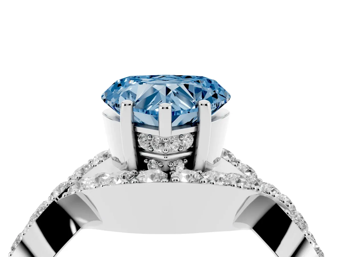 Fancy Blue Heart Cut Solitaire Twist Band Pavé Diamond Engagement Ring Silver