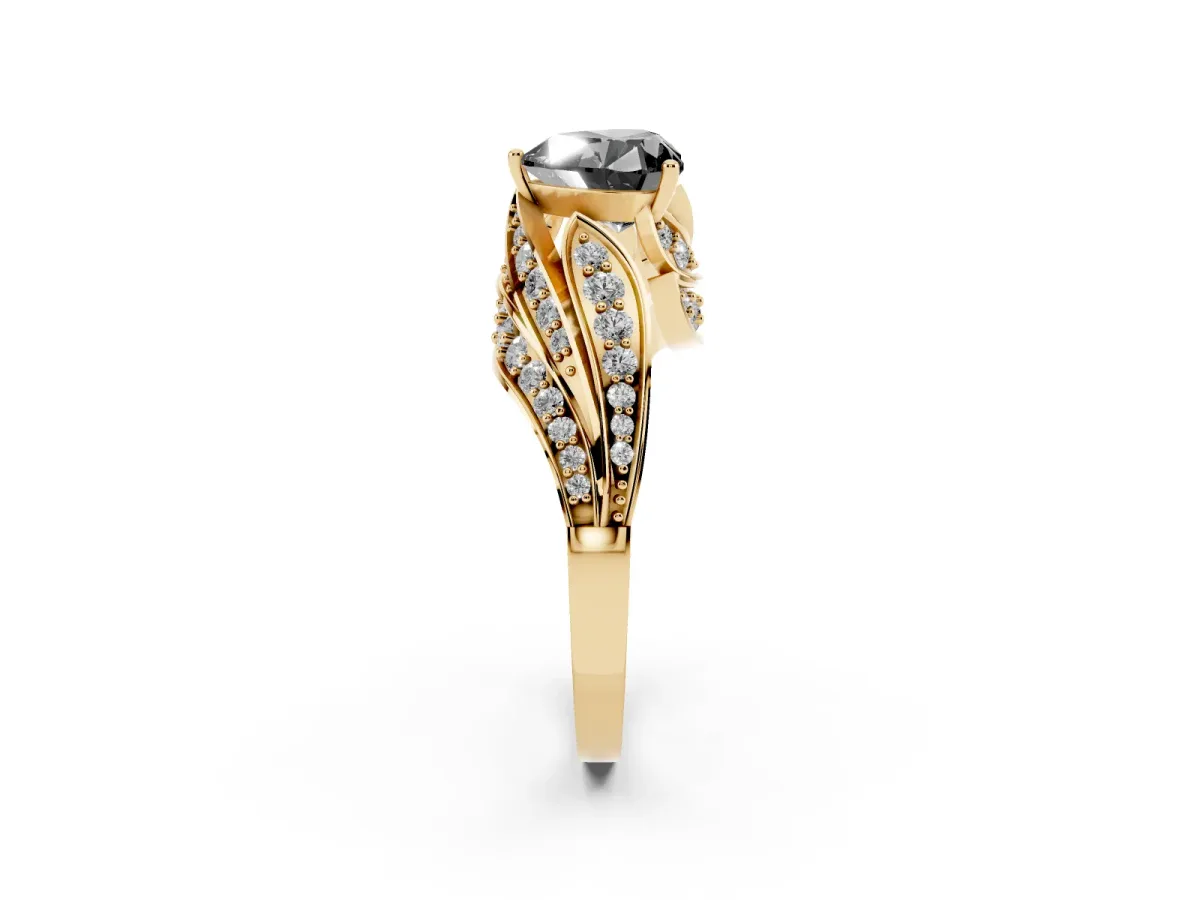 Fancy Black Heart Cut Diamond Solitaire Ring with Prong Setting and Twisted Pavé Band Yellow gold