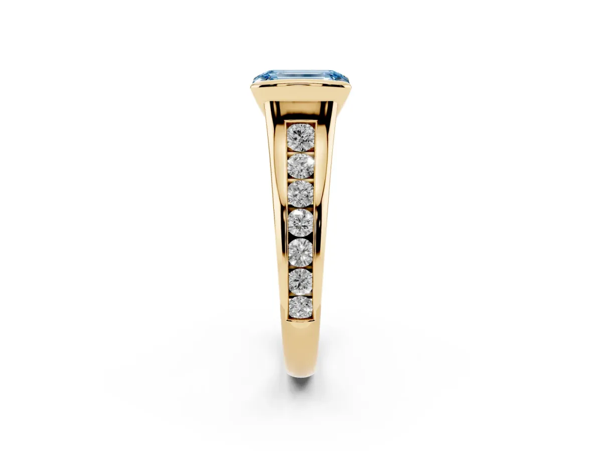 Fancy Blue Emerald Cut Solitaire Bezel-Set Diamond Ring with Channel-Set Band Yellow gold