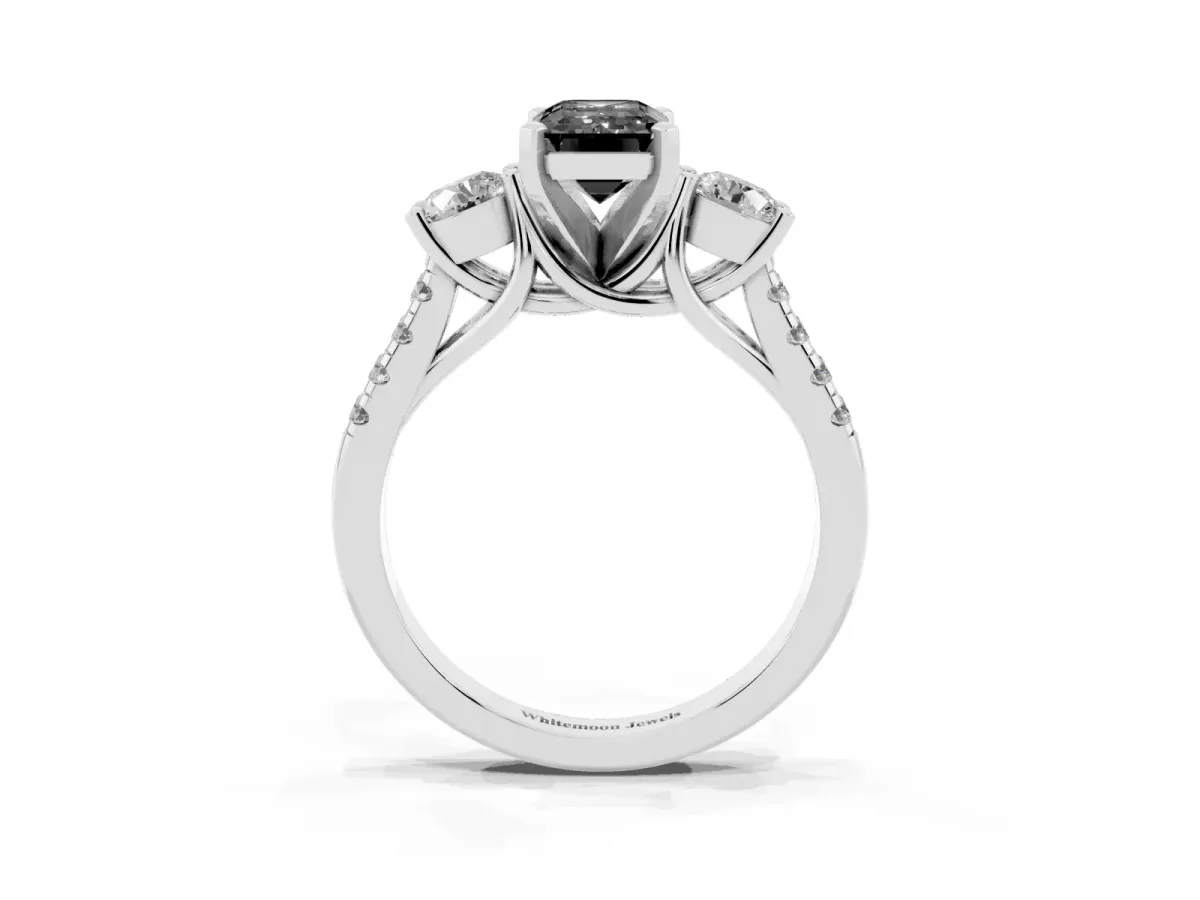 Fancy Black Three-Stone Emerald Cut Diamond Pavé Band with Four-Prong Setting Silver