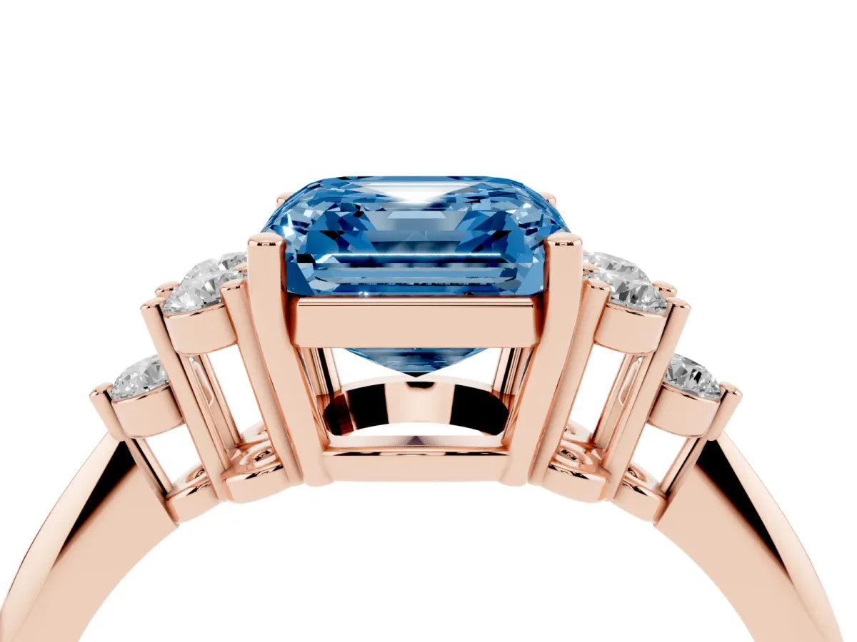 Fancy Blue Asscher Cut Cut Diamond Cluster Ring with Solitaire Band and Four-Prong Setting Rose gold