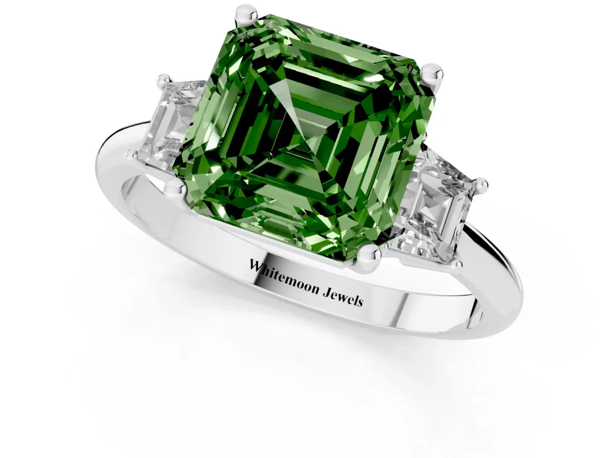 Fancy Green Asscher Cut Diamond Three-Stone Ring with Trapezoid Side Stones and Prong Setting Silver