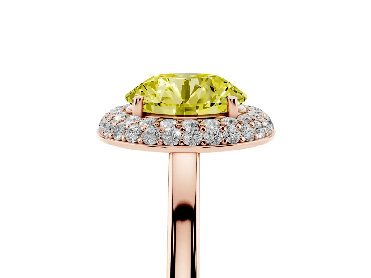 Fancy Yellow Round Cut Halo Diamond Engagement Ring with Solitaire Band and Four-Prong Setting Rose gold