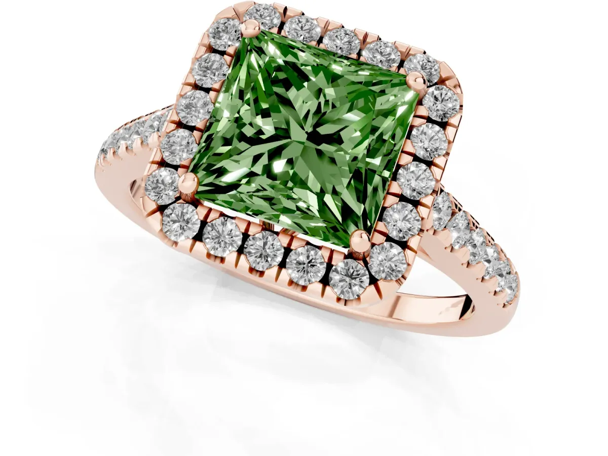 Fancy Green Princess Cut Halo Pavé Diamond Engagement Ring with Four-Prong Setting Rose gold