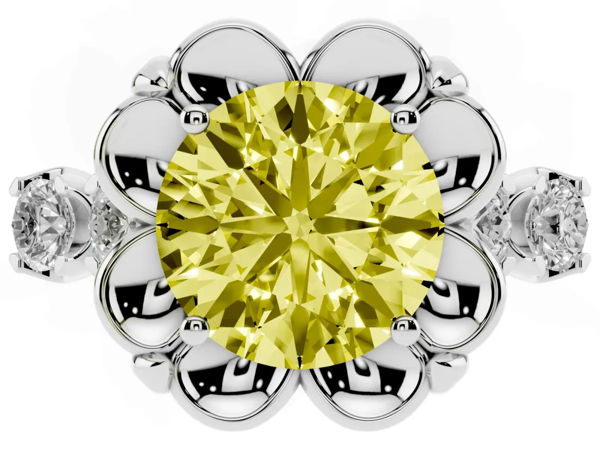 Fancy Yellow Round Cut Cut Diamond Floral Halo Engagement Ring with Shared Prong Setting Silver