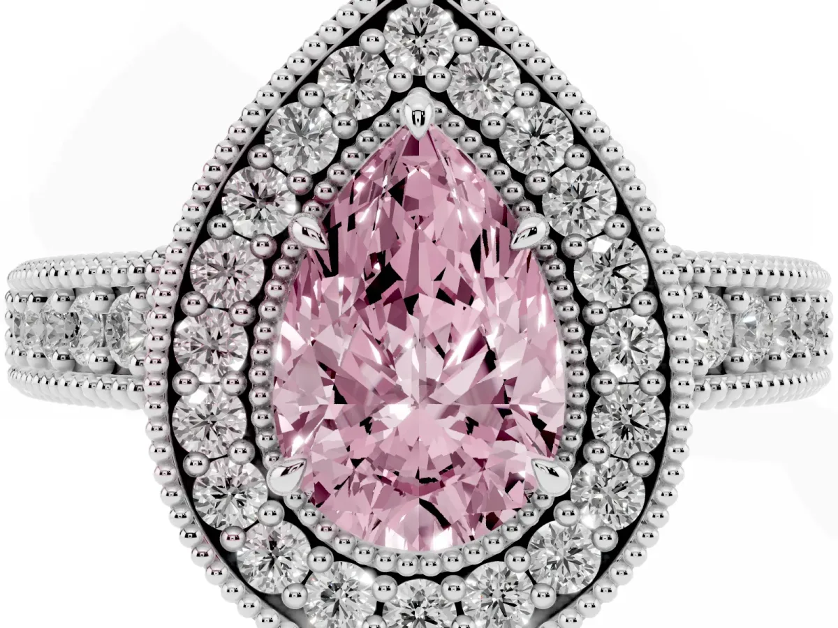 Fancy Pink Pear Cut Cut Halo Diamond Ring with Pavé Band and Four-Prong Setting Silver