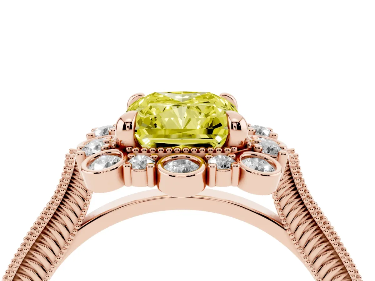 Fancy Yellow Radiant Cut Halo Milgrain Pave Diamond Ring with Four-Prong Setting Rose gold