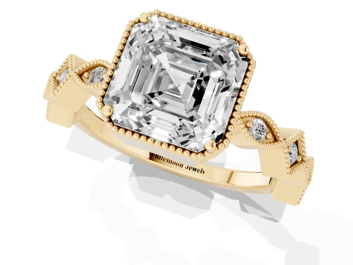 Asscher Cut Milgrain Marquise Diamond Twist Band Ring Yellow gold