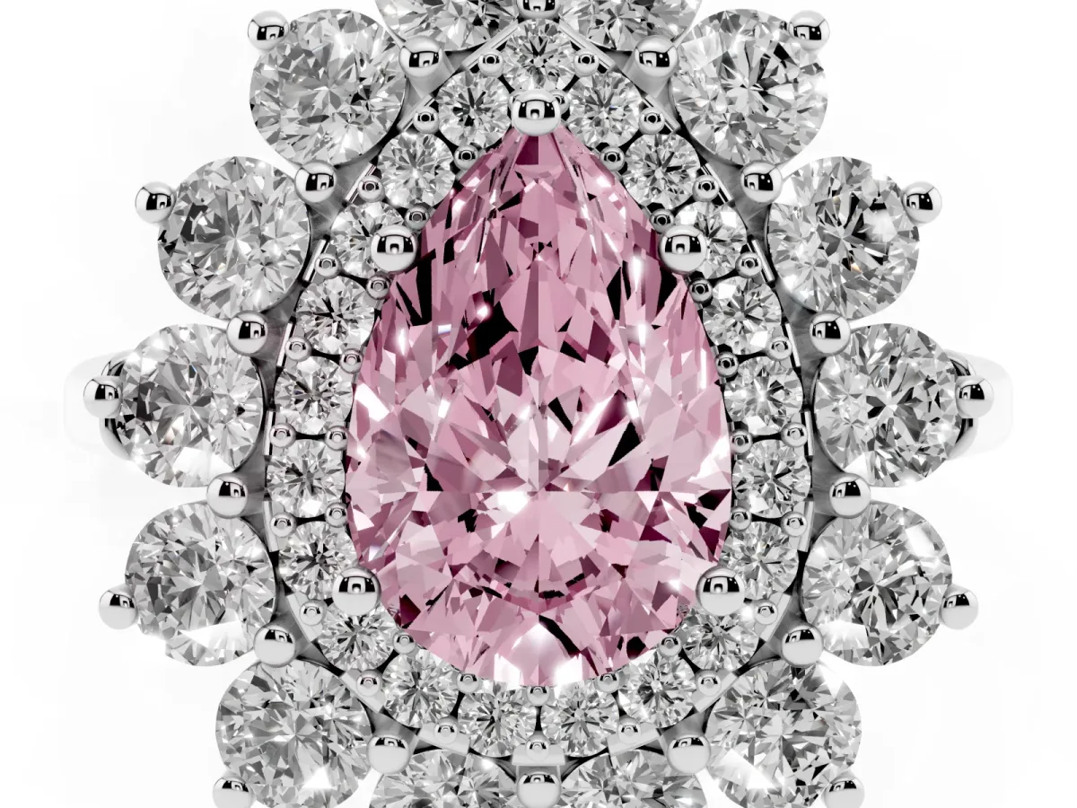 Fancy Pink Pear Cut Diamond Floral Double Halo Engagement Ring with Prong Setting Platinum