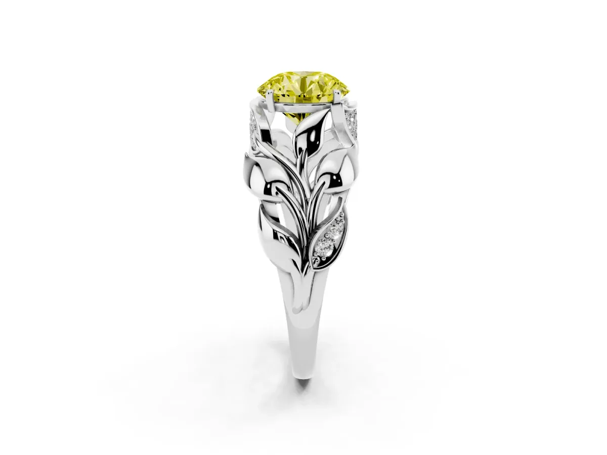 Fancy Yellow Round Cut Diamond Leaf-Inspired Engagement Ring with Round Accents and Prong Setting Platinum