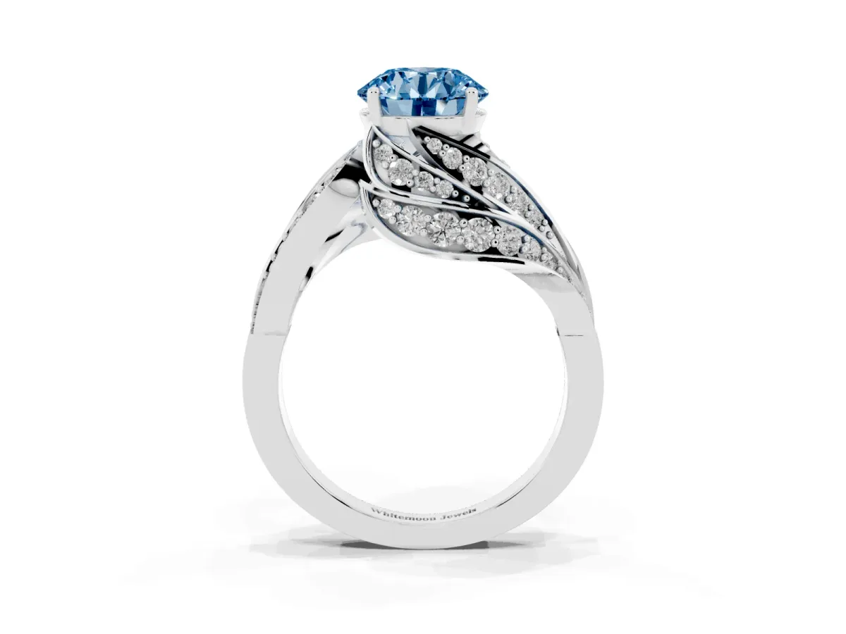 Fancy Blue Round Cut Diamond Solitaire Ring with Prong Setting and Twisted Pavé Band Silver