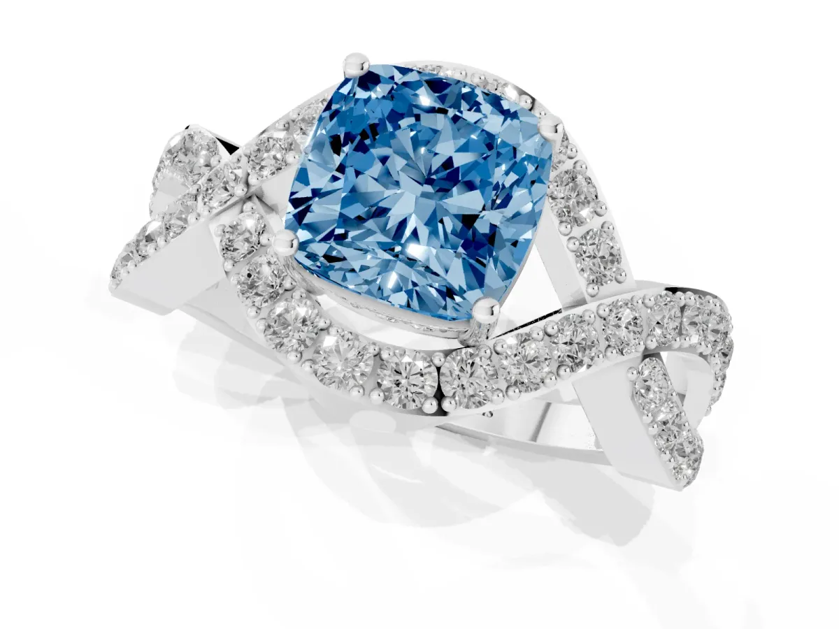 Fancy Blue Cushion Cut Solitaire Twist Band Pavé Diamond Engagement Ring White gold