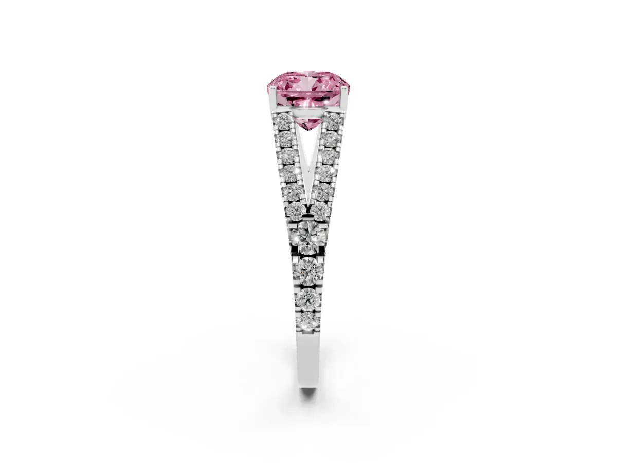 Fancy Pink Cushion Cut Diamond Split Shank Pavé Engagement Ring with Four-Prong Setting Silver