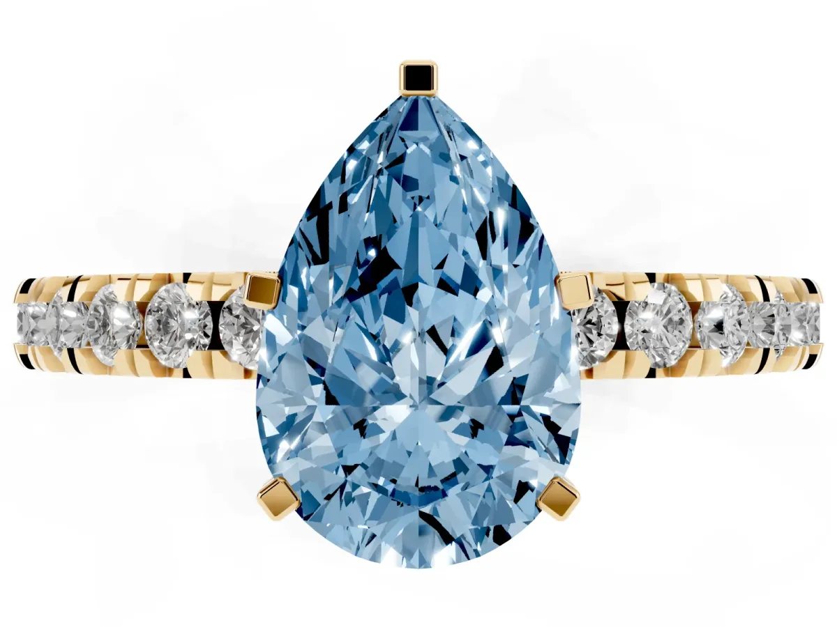 Fancy Blue Pear Cut Diamond Pavé Band Solitaire with Four-Prong Setting Yellow gold