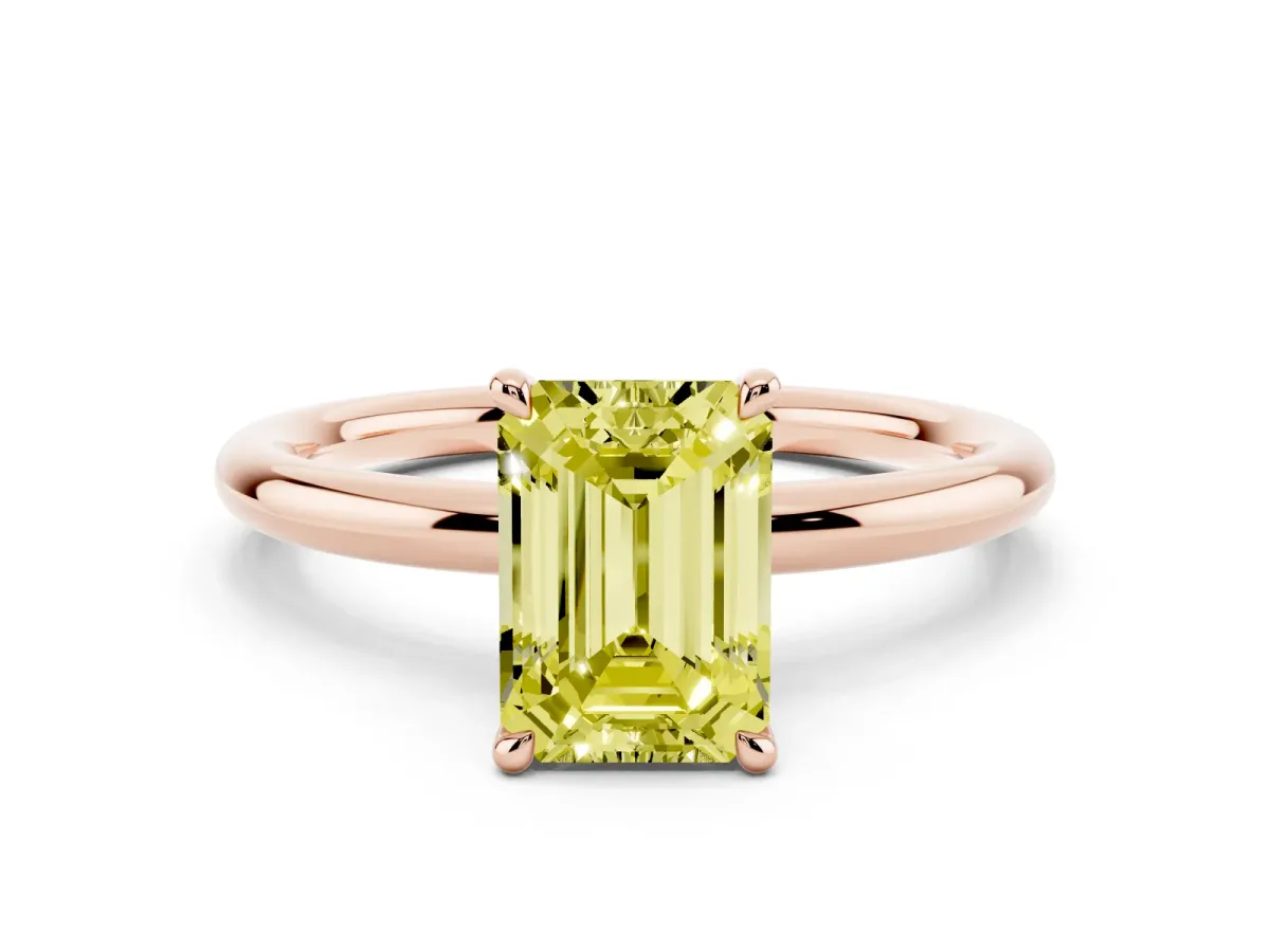 Fancy Yellow Emerald Cut Diamond Solitaire Ring with Thin Band and Four-Prong Setting Rose gold