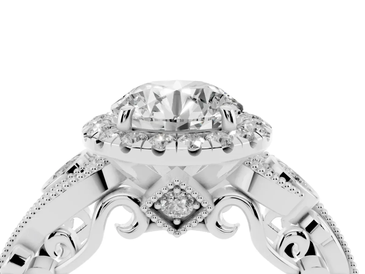 Round Cut Halo Diamond Ring with Milgrain and Bezel Accents on a Split Shank Band White gold