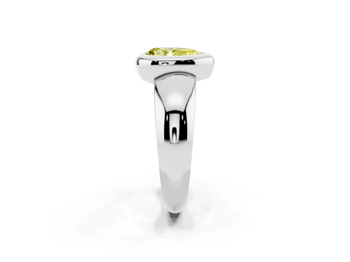 Fancy Yellow Bezel Set Pear Cut Solitaire Ring with Wide Band Silver