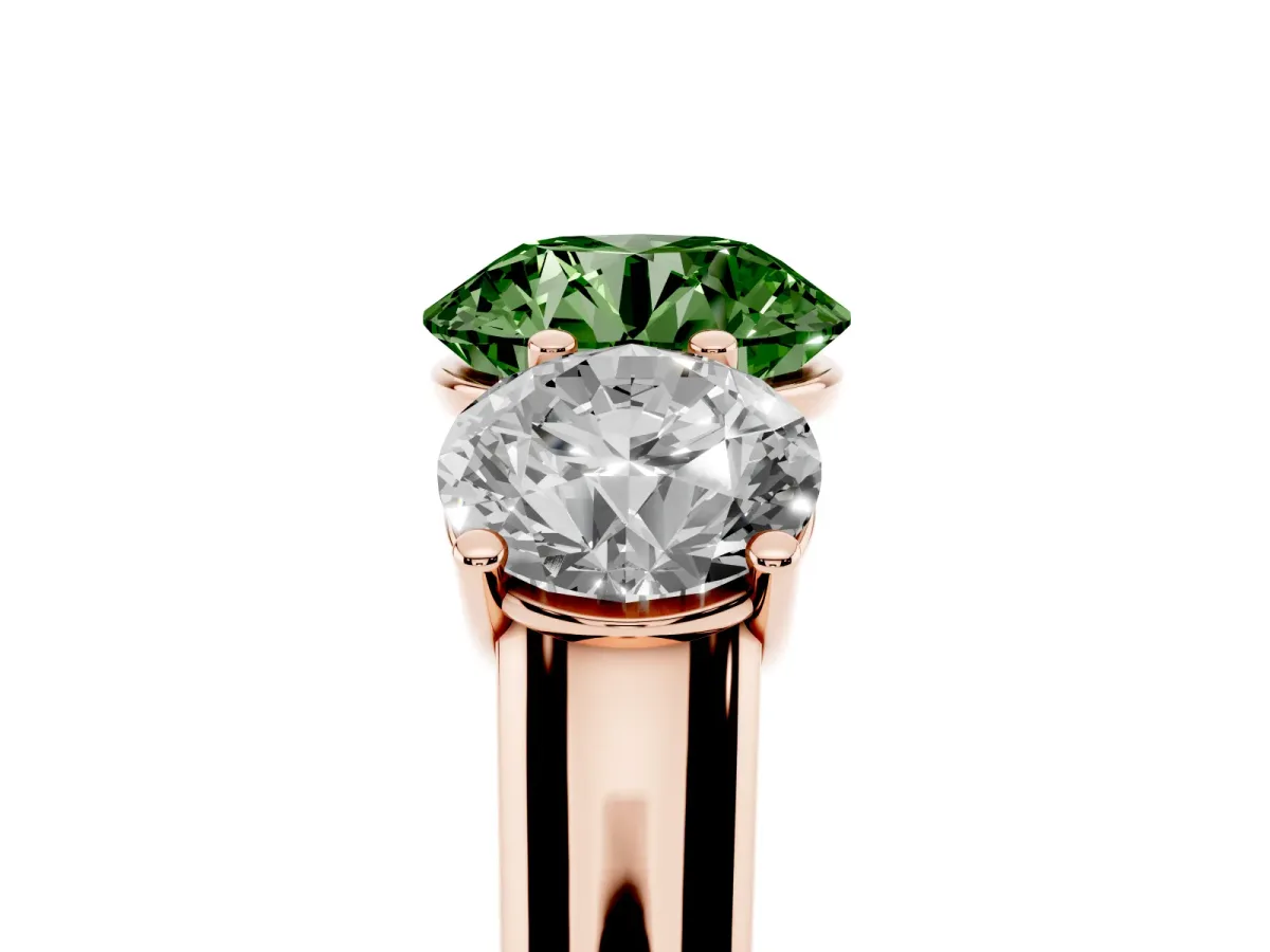 Fancy Green Round Cut Three-Stone Diamond Ring with Prong Setting on a Classic Band Rose gold