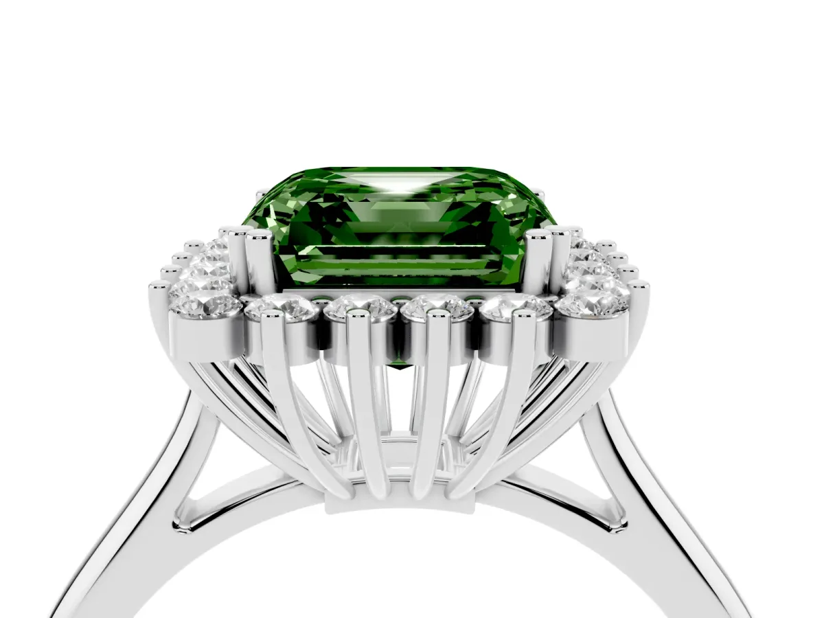 Fancy Green Asscher Cut Cut Diamond Halo Ring with Solitaire Band and Prong Setting Silver