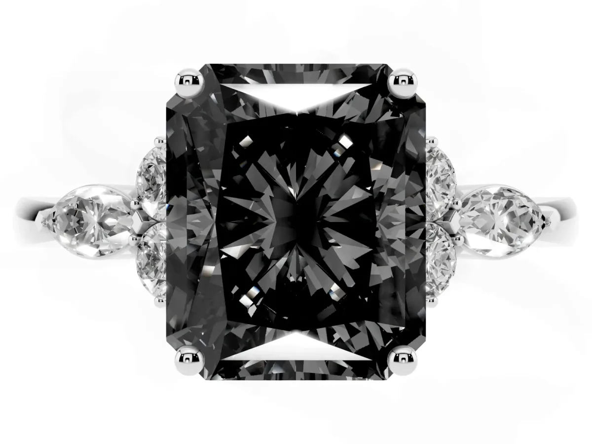 Fancy Black Radiant Cut Brilliant Diamond Solitaire Ring with Pear Side Stones and Four-Prong Setting Platinum