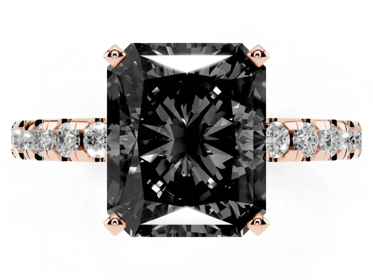 Fancy Black Radiant Cut Diamond Solitaire Ring with Round Pavé Band and Four-Prong Setting Rose gold