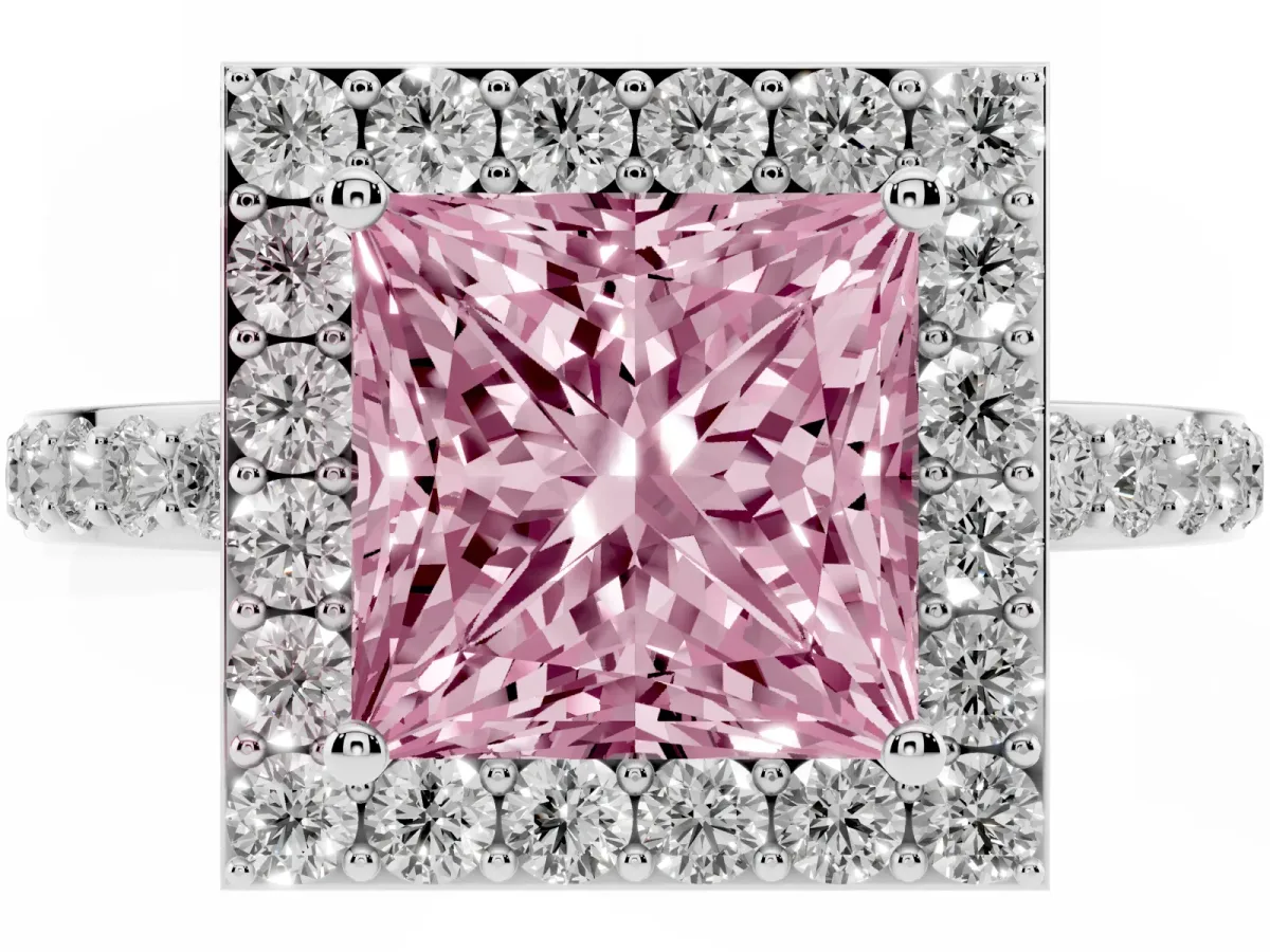 Fancy Pink Princess Cut Halo Diamond Pavé Band Ring with Prong Setting Silver