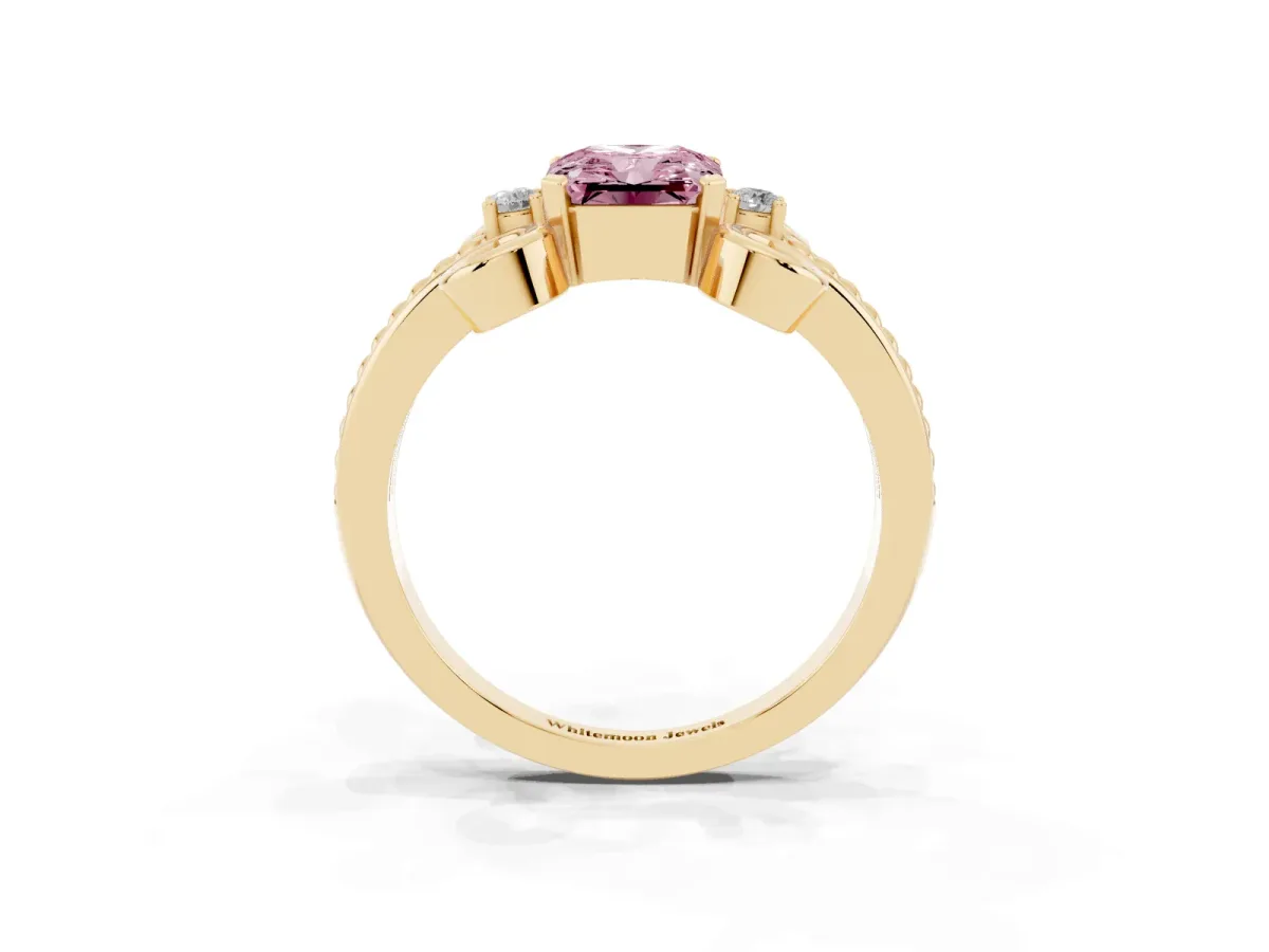 Fancy Pink Radiant Cut Solitaire Twisted Band Scroll Prong Ring Yellow gold