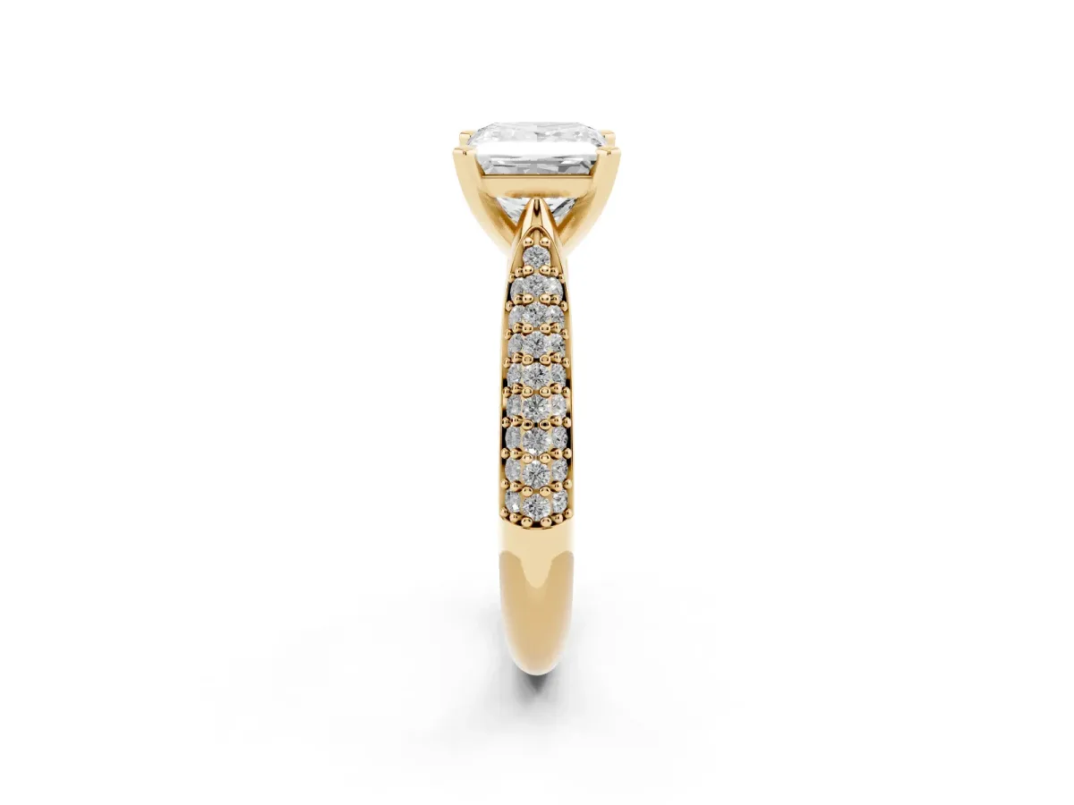 Princess Cut Diamond Solitaire Engagement Ring with Multi-Row Round Pavé Band and Prong Setting Yellow gold