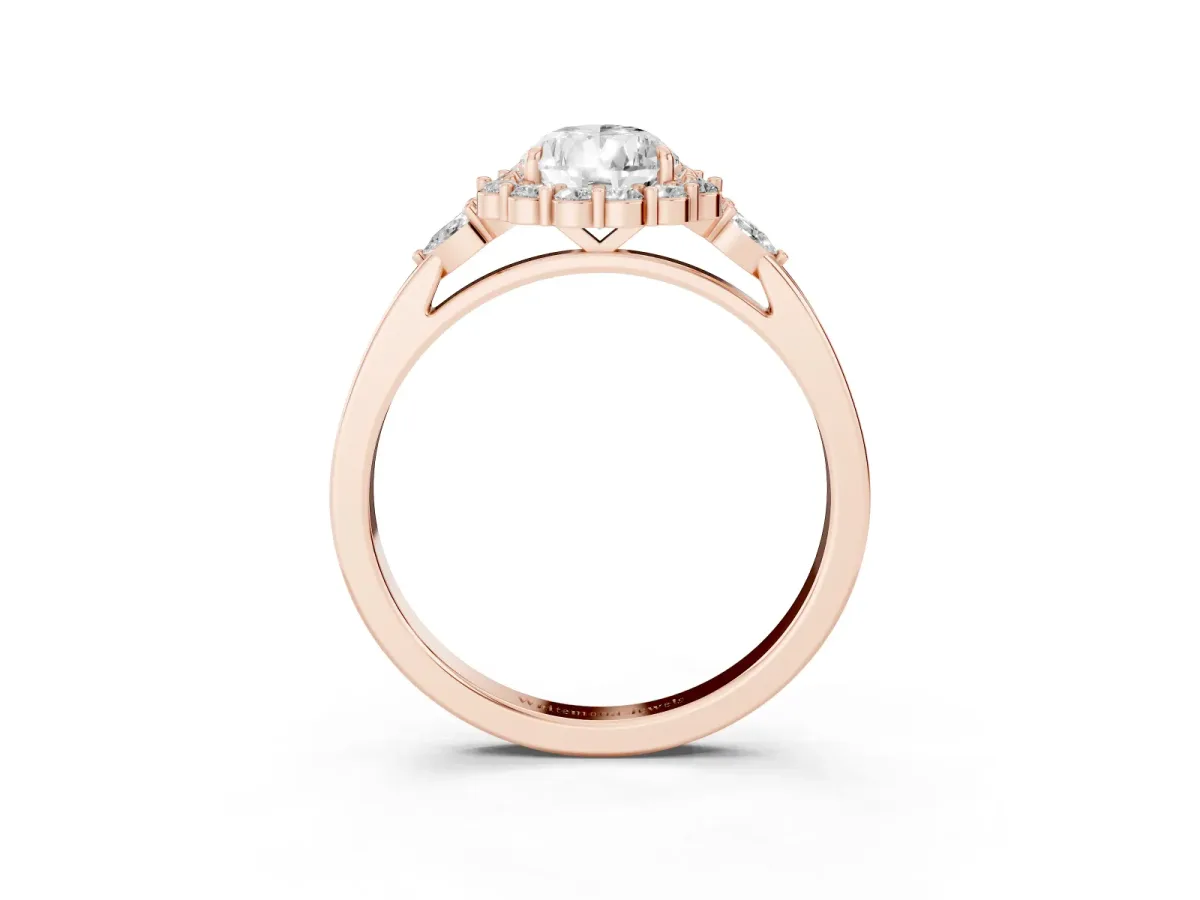 Pear Cut Diamond Halo Ring with Pear Side Stones and Prong Setting Rose gold