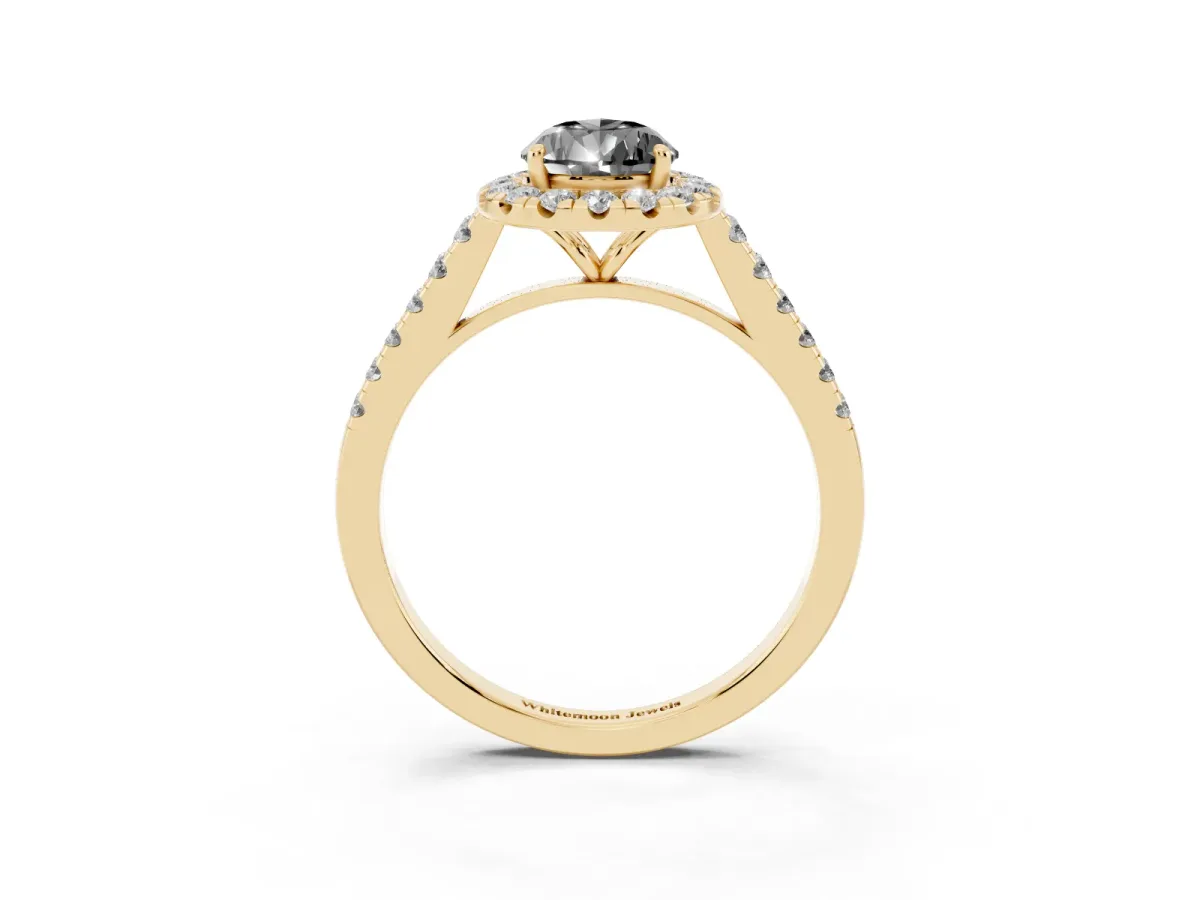 Fancy Black Pear Cut Halo Pave Diamond Engagement Ring with Four-Prong Setting Yellow gold