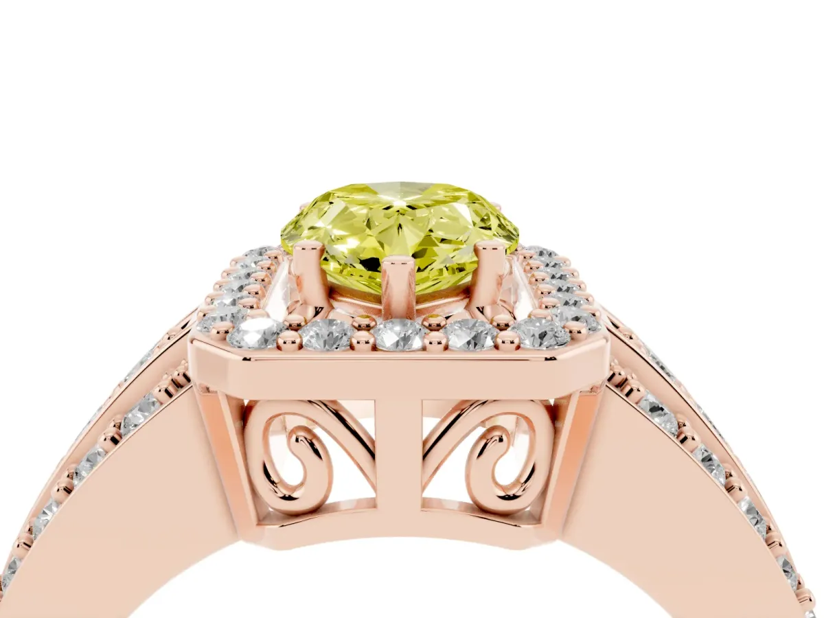 Fancy Yellow Pear Cut Halo Diamond Ring with Round Split Shank and Prong Setting Rose gold