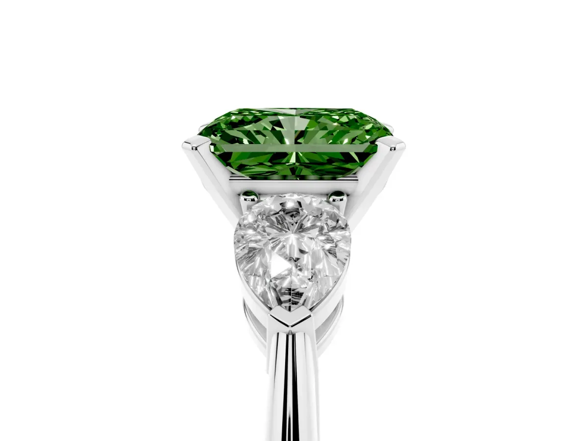 Fancy Green Three-Stone Radiant Cut Diamond Ring with Pear Side Stones and Four-Prong Setting Silver
