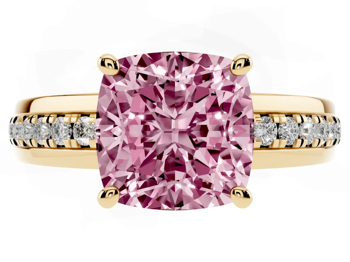 Fancy Pink Cushion Cut Solitaire Diamond Ring with Channel Set Band and Six-Prong Setting Yellow gold