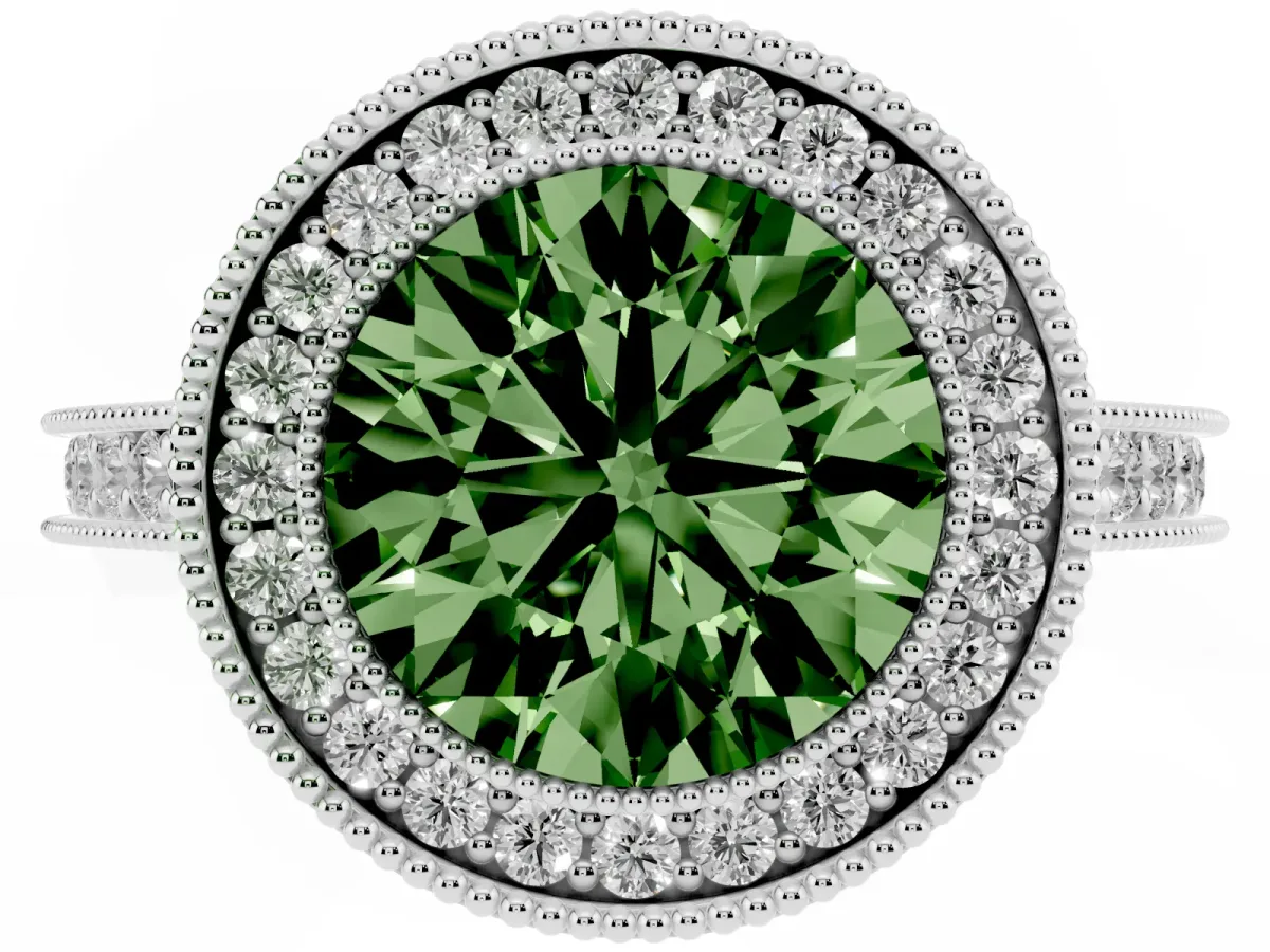 Fancy Green Halo Round Cut-Cut Diamond Pave Band Milgrain Prong Setting Ring Silver
