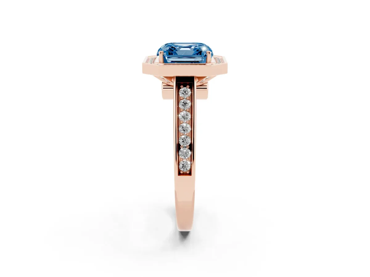 Fancy Blue Asscher Cut Halo Solitaire Diamond Ring with Pave Band and Bezel Setting Rose gold