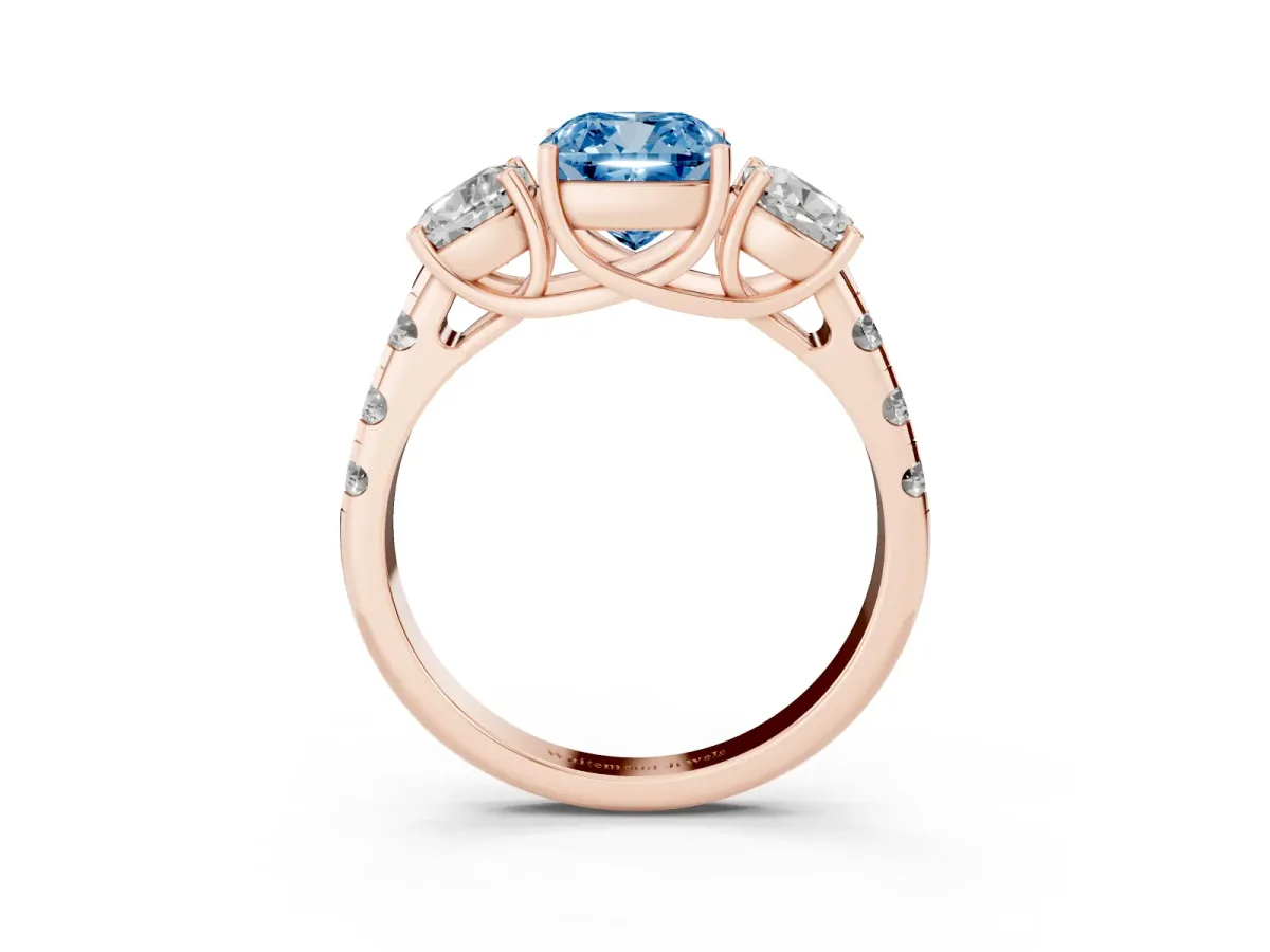 Fancy Blue Three-Stone Cushion Cut Diamond Pavé Band with Prong Setting Rose gold