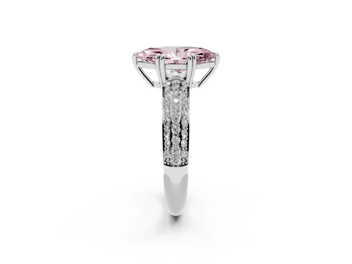 Fancy Pink Marquise Cut Diamond Solitaire Ring with Multi-Row Round Pavé Band and Prong Setting Platinum