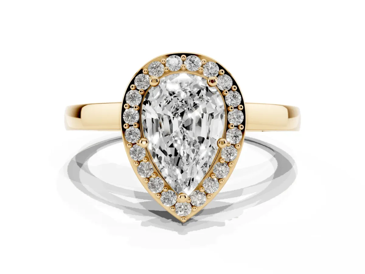 Pear Cut Halo Diamond Ring with Solitaire Band and Prong Setting Yellow gold