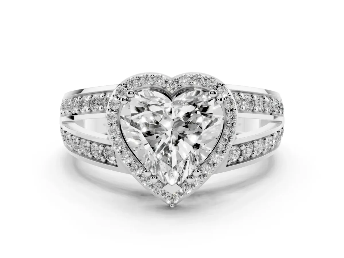 Heart Cut Diamond Halo Ring with Split Shank Pavé Band and Four-Prong Setting White gold