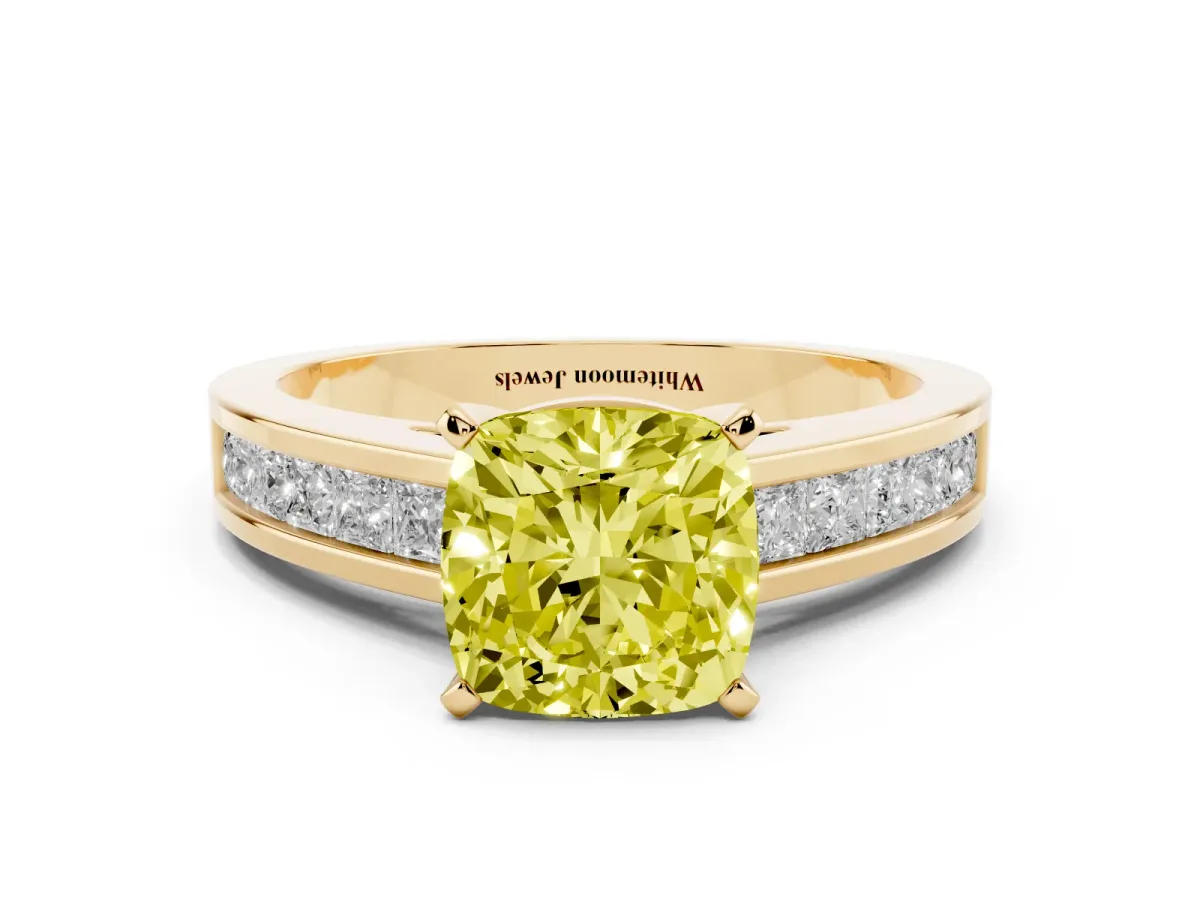 Fancy Yellow Cushion Cut Solitaire Diamond Ring with Channel-Set Band and Four-Prong Setting Yellow gold