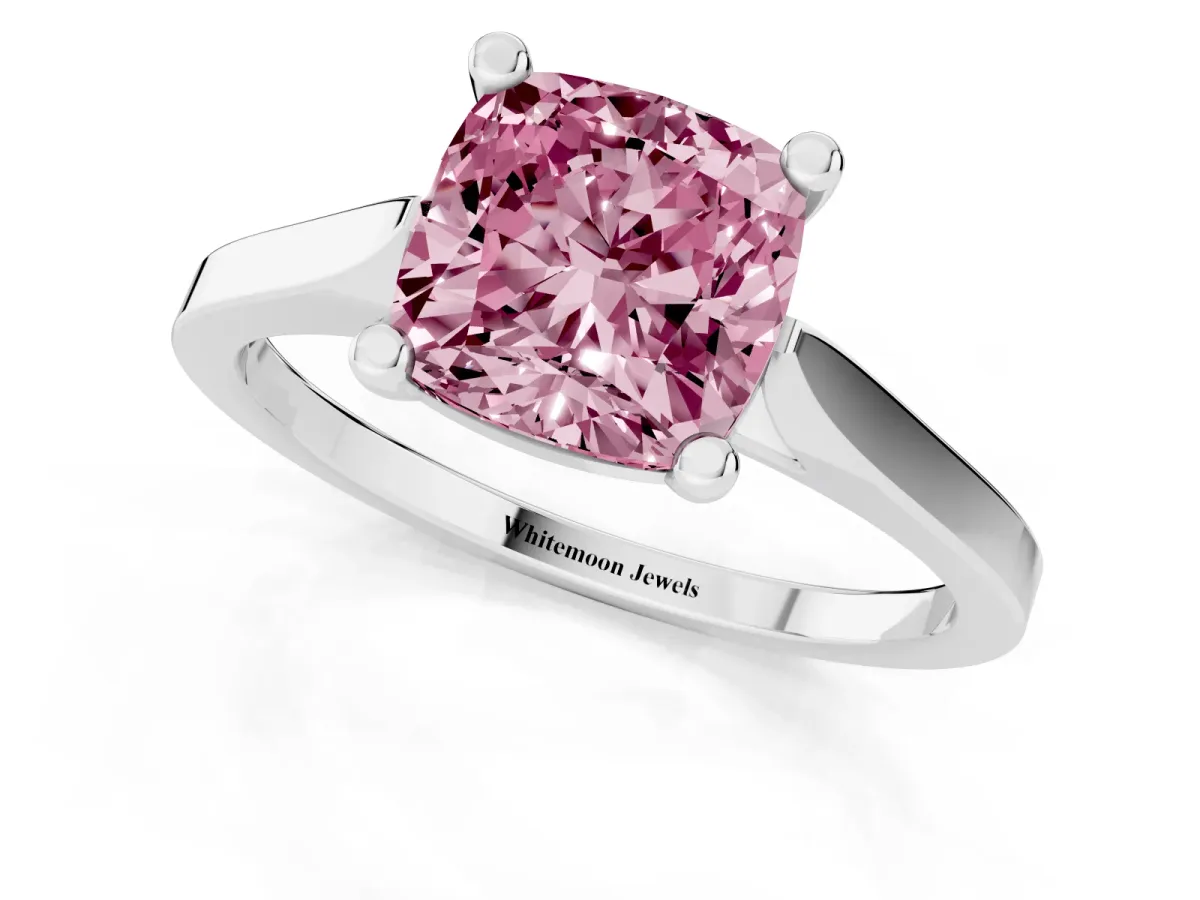 Fancy Pink Cushion Cut Solitaire Diamond Ring with Four-Prong Setting and Tapered Band Silver