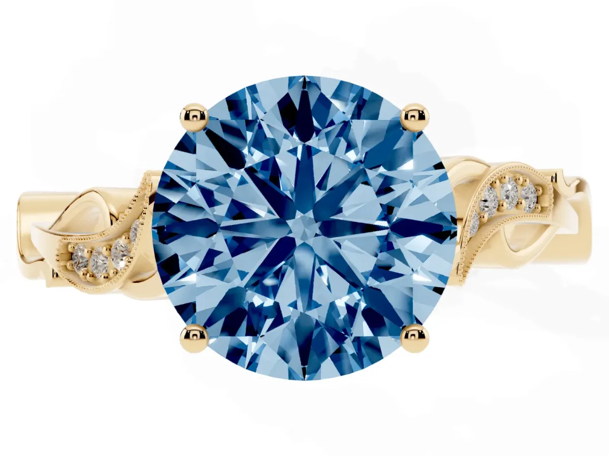 Fancy Blue Round Cut Solitaire Vine Band with Milgrain Prong Setting Yellow gold