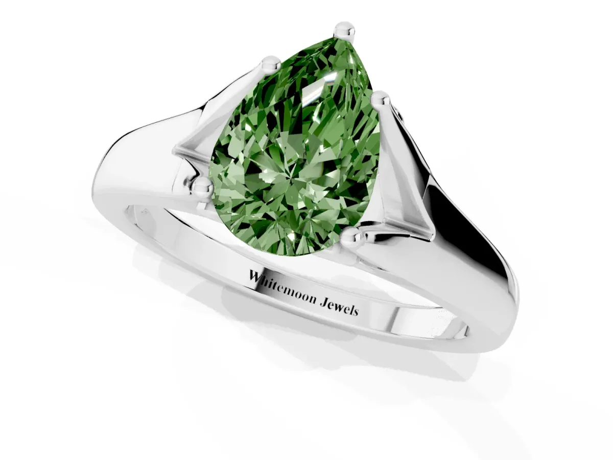 Fancy Green Pear Cut Solitaire Diamond Ring with Cathedral Band and Four-Prong Setting Silver