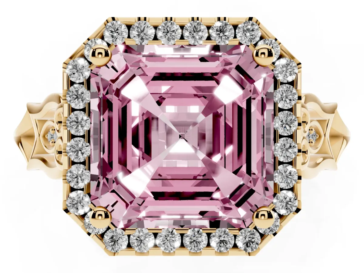 Fancy Pink Asscher Cut Halo Diamond Engagement Ring with Filigree Band and Four-Prong Setting Yellow gold